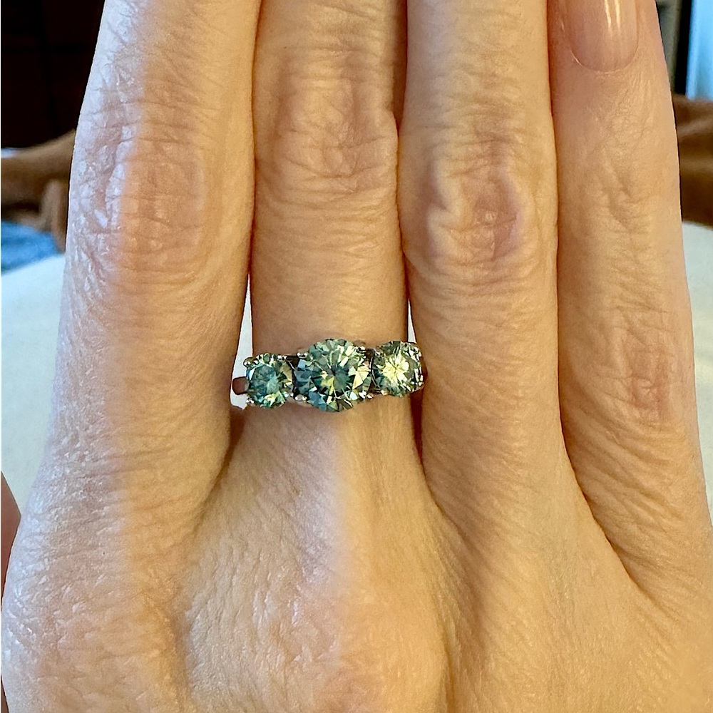 2cttw 3-Stone Green Moissanite Ring in 18K White Gold